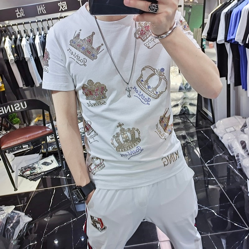 Multicolor Crowns Rhinestones Men Slim Fit T-Shirt