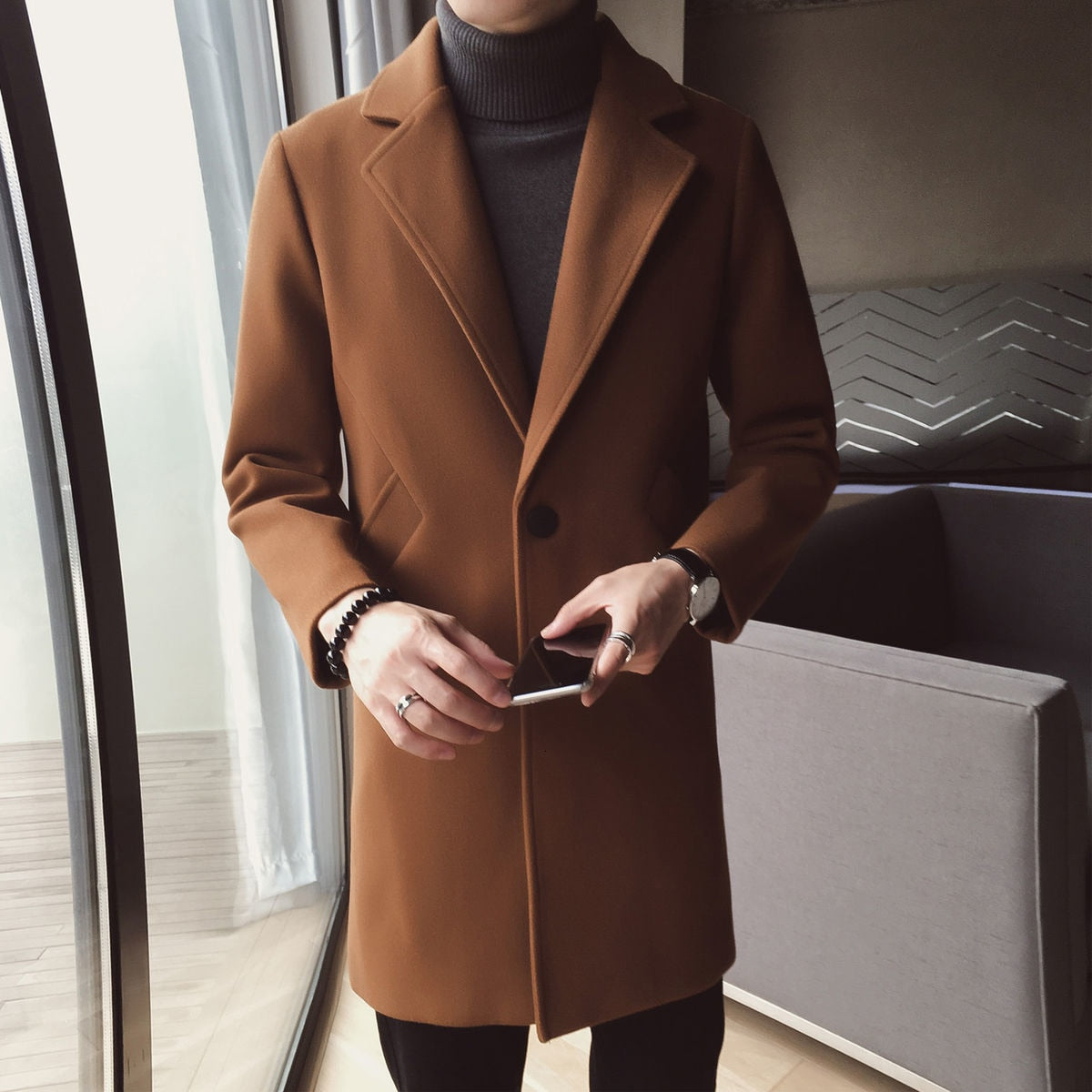 Plain Solid Color Inclined Pocket Long Coat