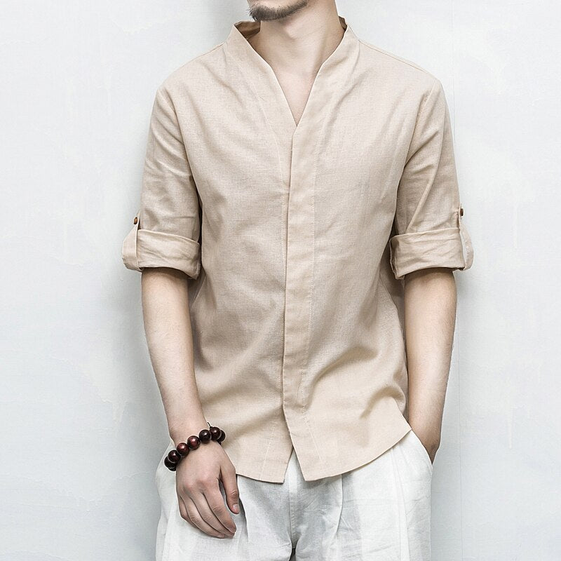 Cotton Linen Three Quarter Sleeve Solid Chinese V Neck Style Men Shirts