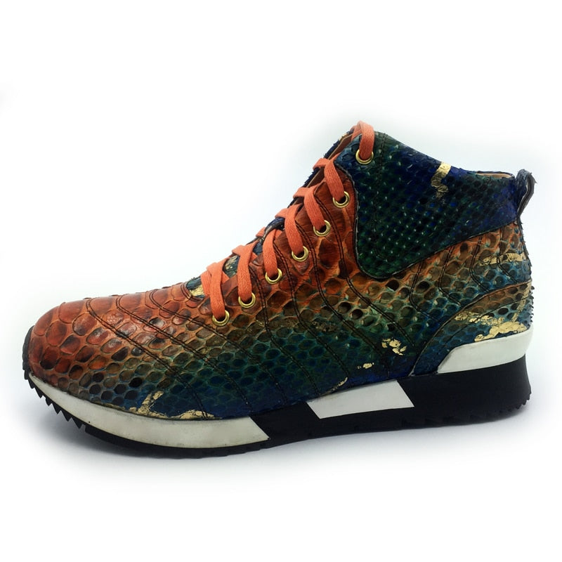 High Top Colorful Snake Pattern Full Grain Lace Up Men Sneaker