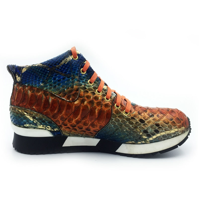 High Top Colorful Snake Pattern Full Grain Lace Up Men Sneaker
