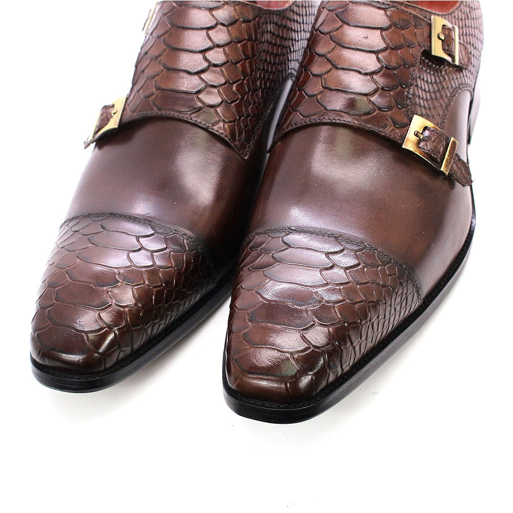 Snakeskin Patterned Leather Monk Shoes