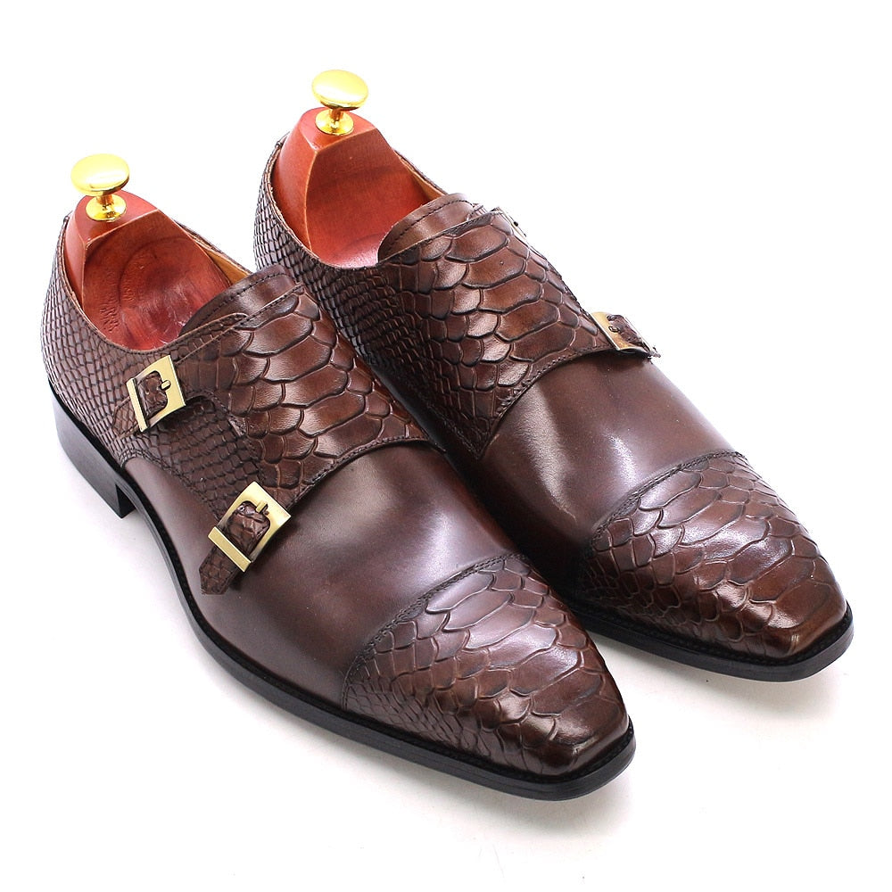 Snakeskin Patterned Leather Monk Shoes