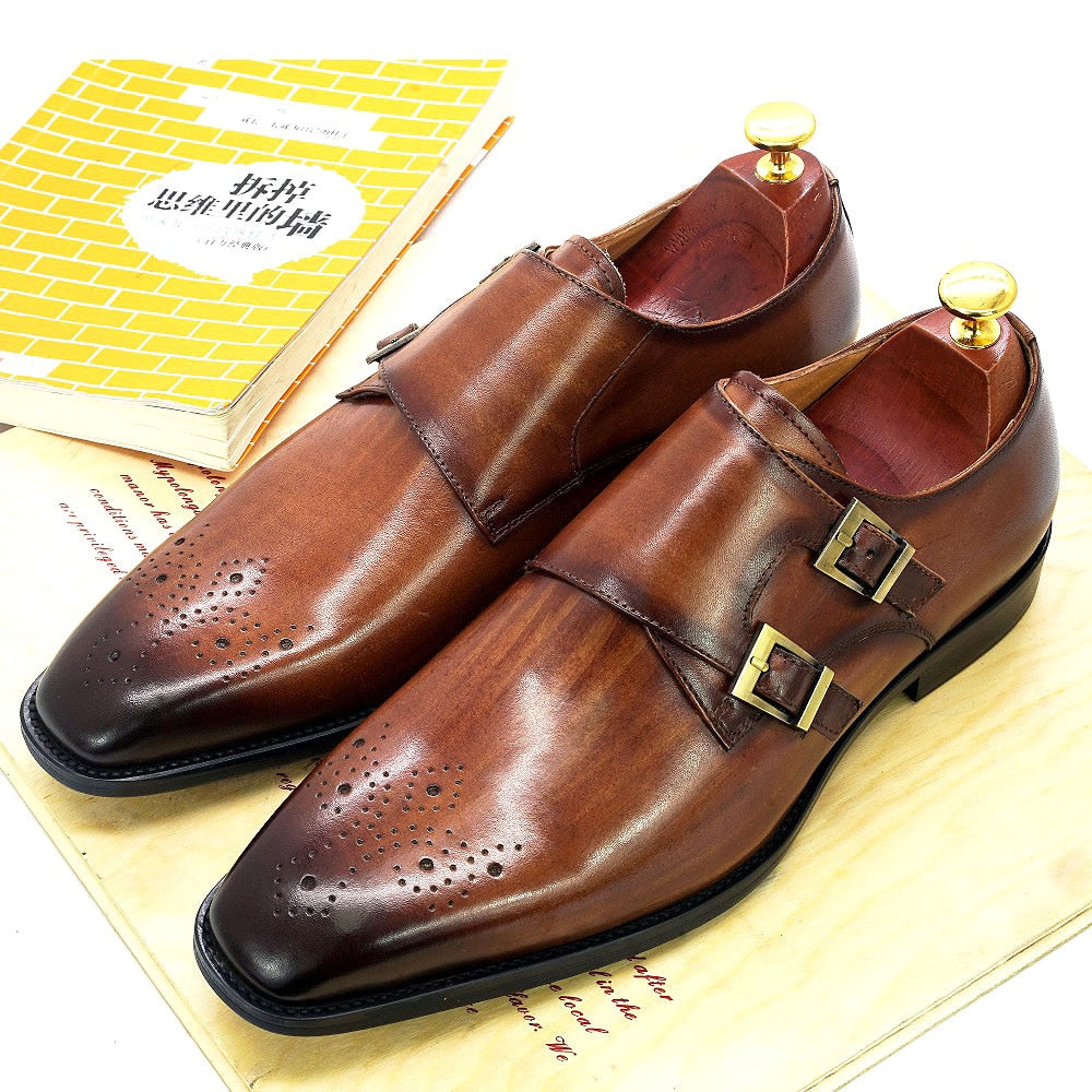 Medallion-Toed Leather Monk Shoes
