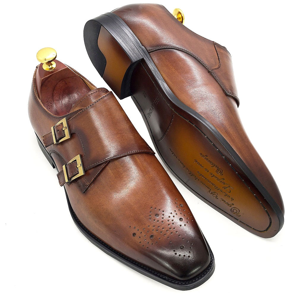Medallion-Toed Leather Monk Shoes