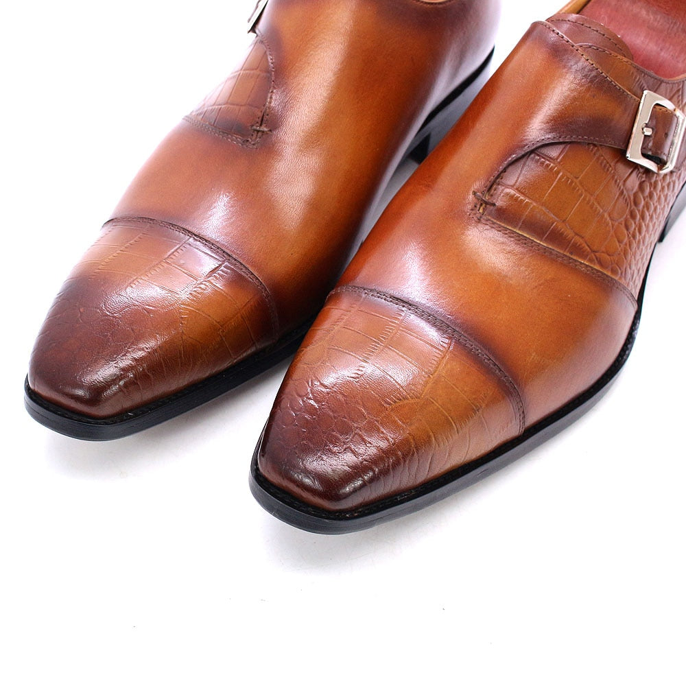 Snake Patterned Single-Strapped Leather Monk Shoes