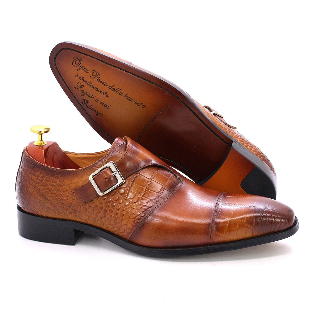 Snake Patterned Single-Strapped Leather Monk Shoes