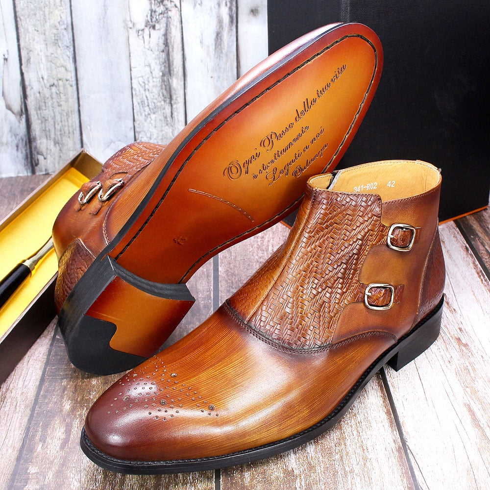 Bottines à double boucle en cuir véritable faites à la main