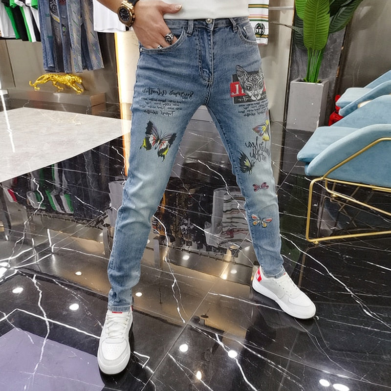 Cat Butterfly Printed Slim Jeans