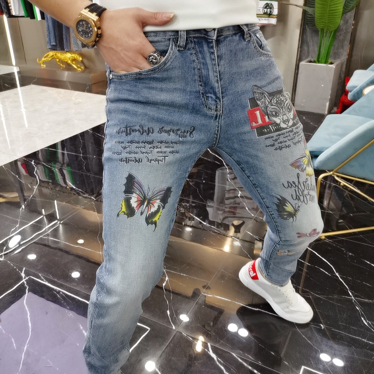 Cat Butterfly Printed Slim Jeans