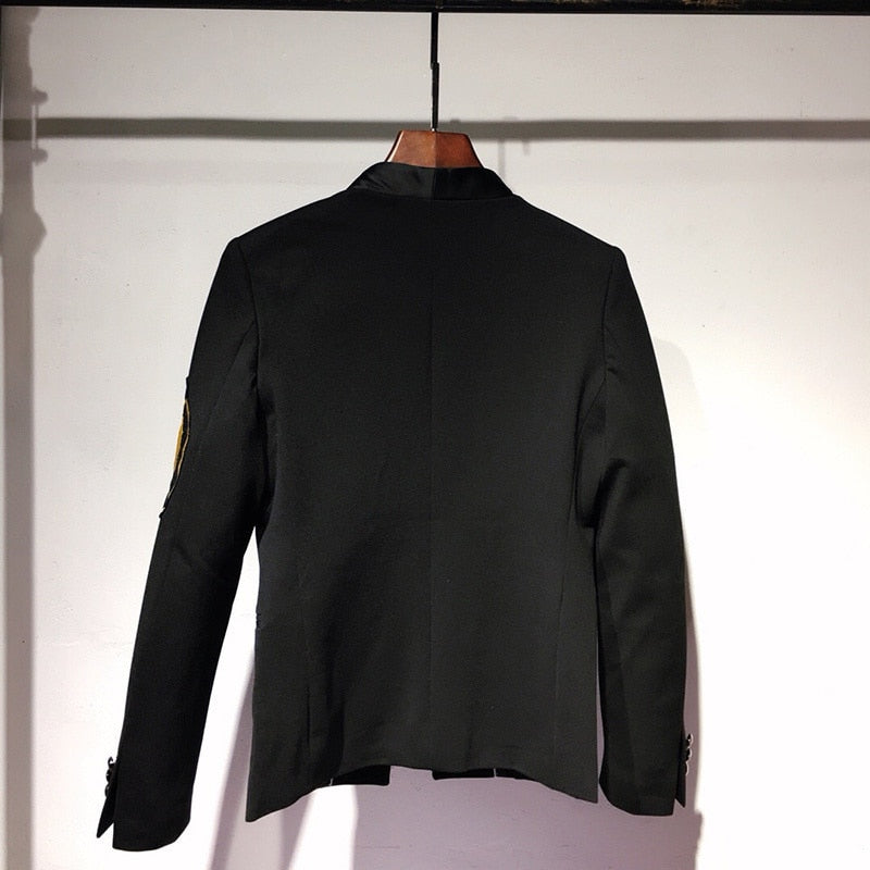 Lion Head Round Embroidery Sleeves Detail Men Black Blazer