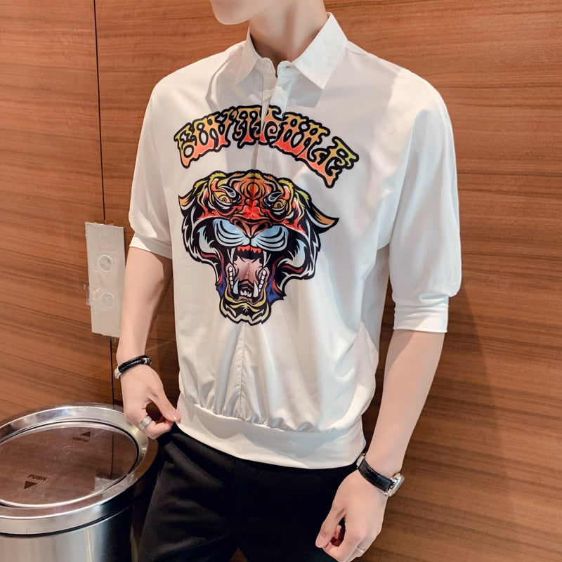 Tattoo Style Tiger Print Men Quarter Sleeve Shirt