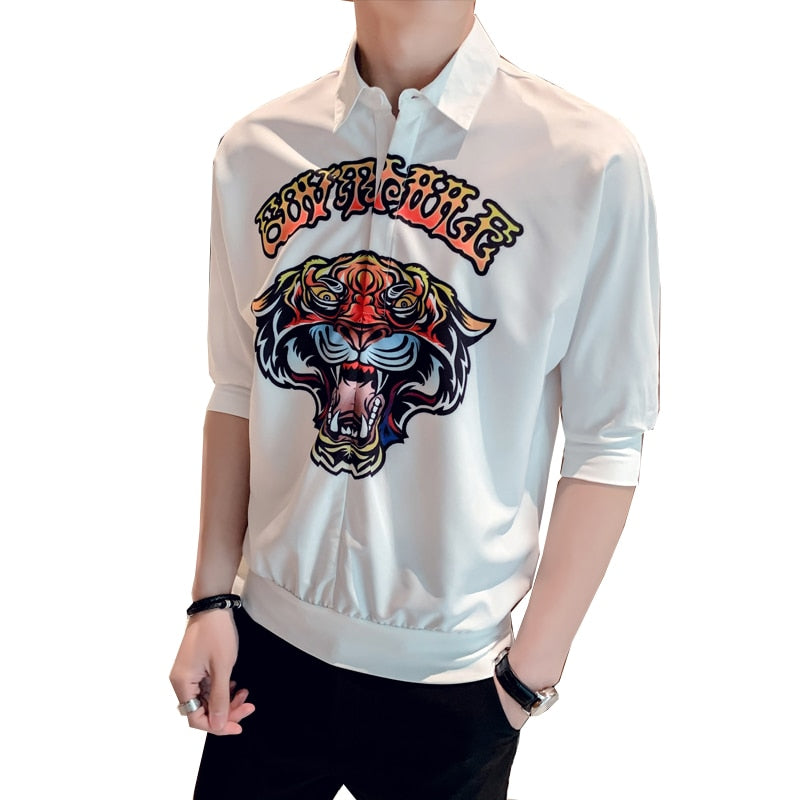 Tattoo Style Tiger Print Men Quarter Sleeve Shirt
