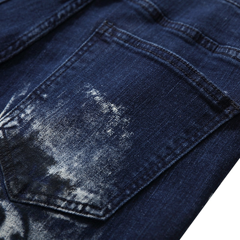 Blue Denim Beauty and Wolf Print Stretch Slim Casual Men Jeans