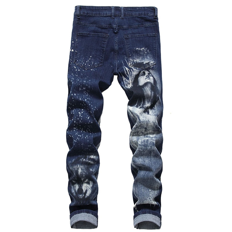 Blue Denim Beauty and Wolf Print Stretch Slim Casual Men Jeans