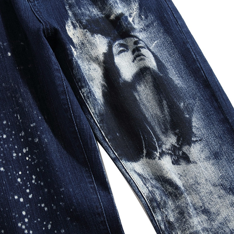 Blue Denim Beauty and Wolf Print Stretch Slim Casual Men Jeans