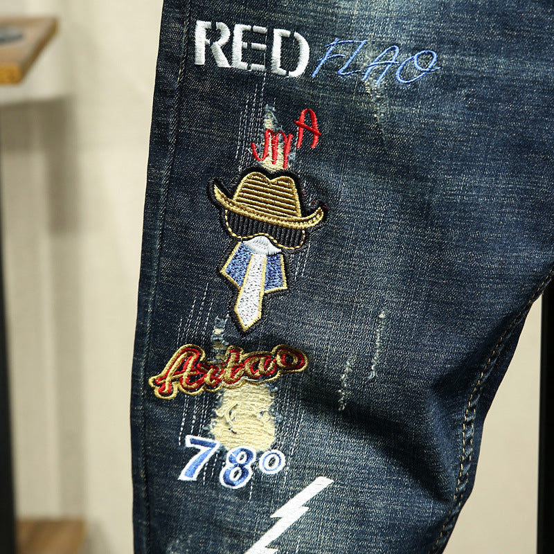 Cartoonish Patchwork Embroidery Men Slim Fit Jeans