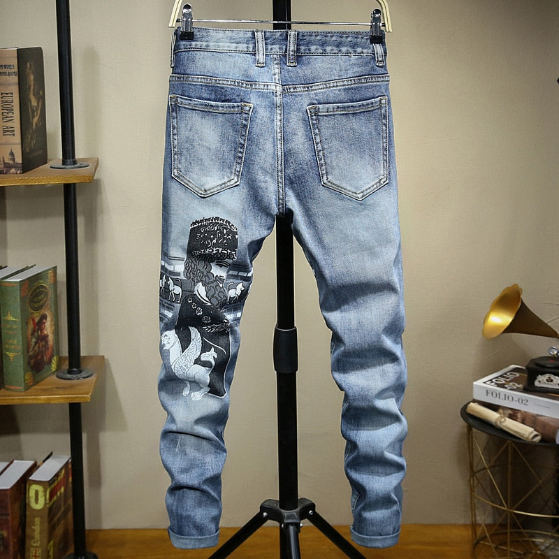 Babylon Royalty Printed Men Light Wash Jeans
