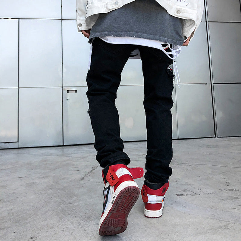 Crucifix Embroidery Patchwork Men Ripped Knee Jeans