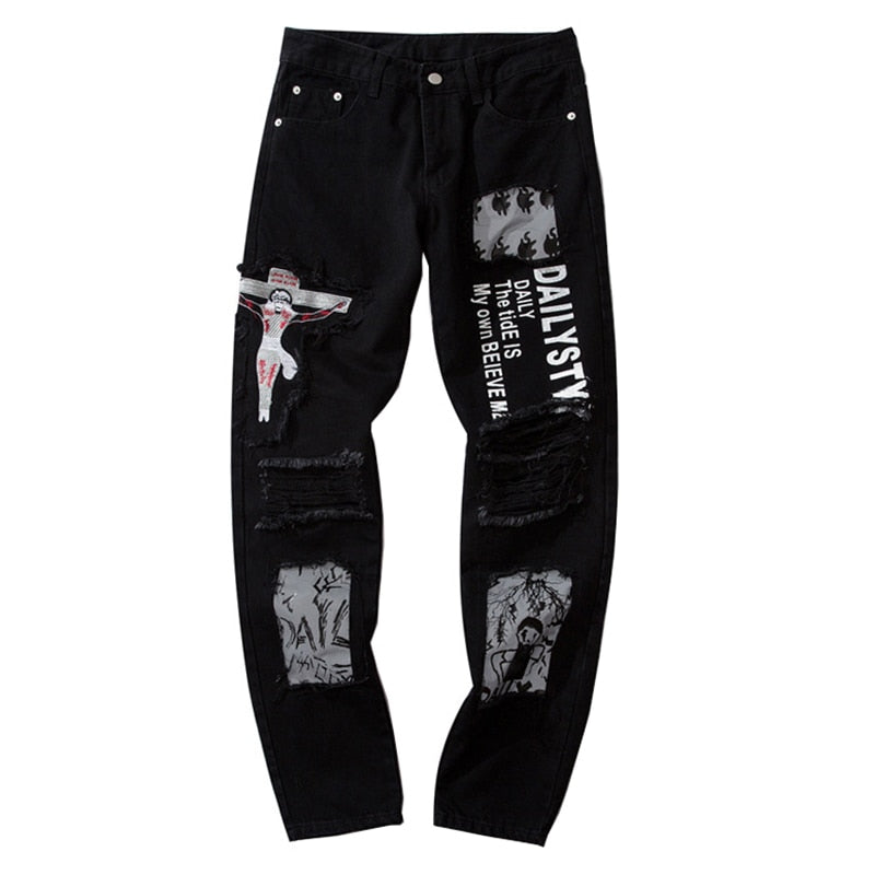 Crucifix Embroidery Patchwork Men Ripped Knee Jeans