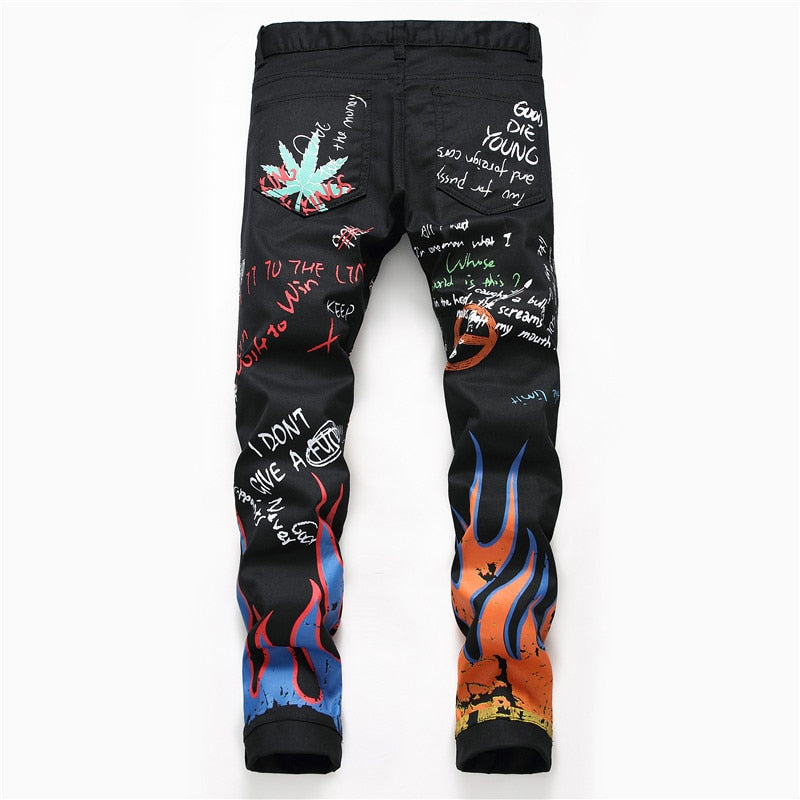 Jean Slim Straight Homme Noir avec Lettres Flame Color Painted Print