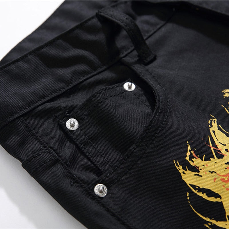 Jean Slim Straight Homme Noir avec Lettres Flame Color Painted Print