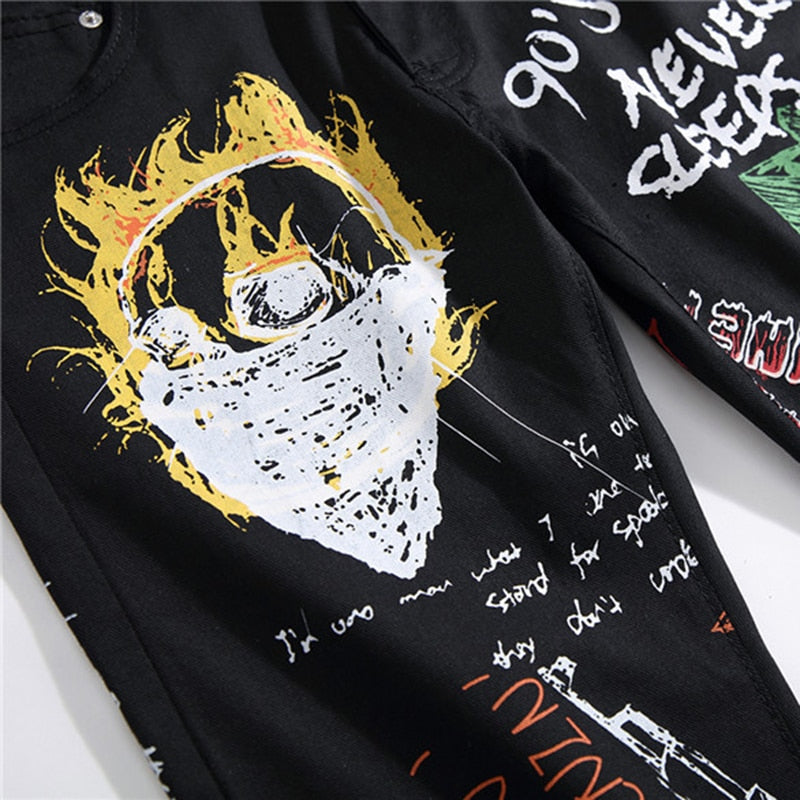 Jean Slim Straight Homme Noir avec Lettres Flame Color Painted Print