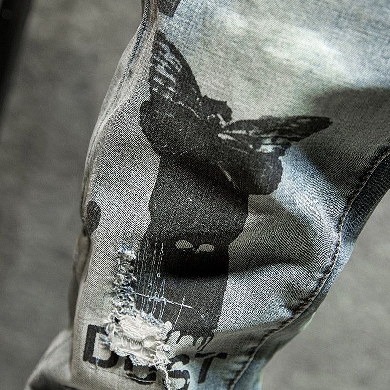 Checkerboard Rose Prints Men Slim Washed Jeans