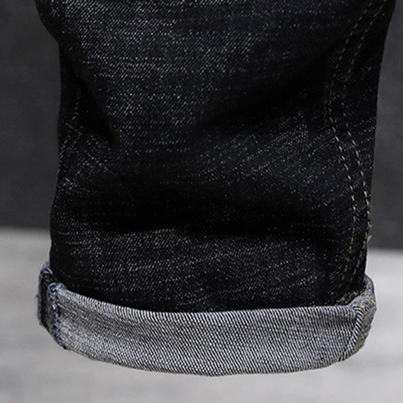 Lion Dance Embroidery Black Jeans Men Slim Fit