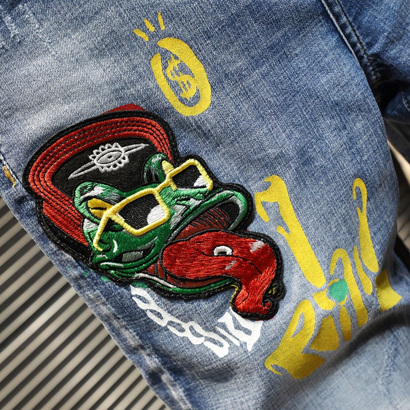Printed Embroidery Patches Men Straight Fit Jeans