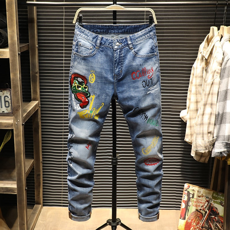 Printed Embroidery Patches Men Straight Fit Jeans