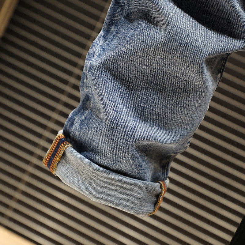 Printed Embroidery Patches Men Straight Fit Jeans