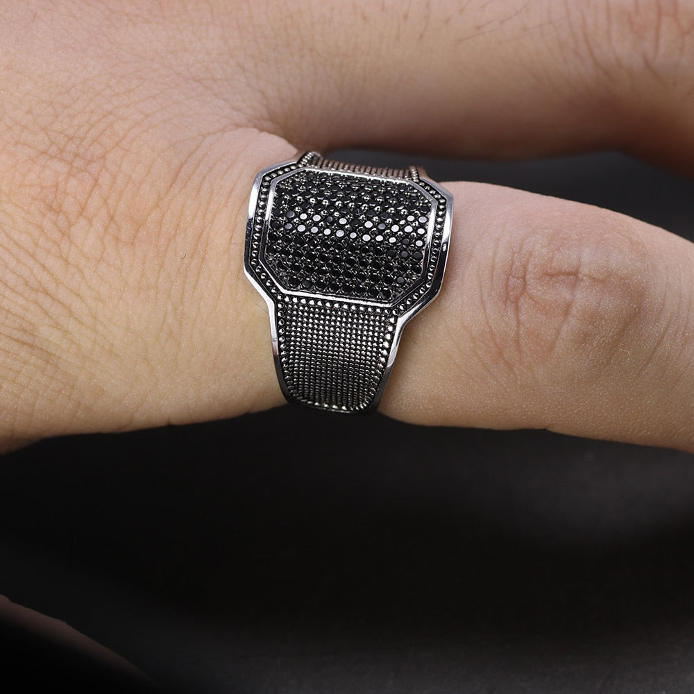 Silver Cool Retro with Black Stone Curved Design Men Fashion Rings