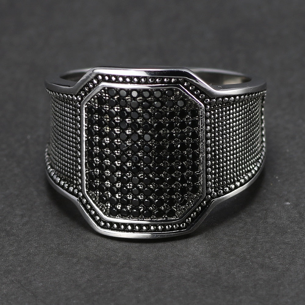 Silver Cool Retro with Black Stone Curved Design Men Fashion Rings