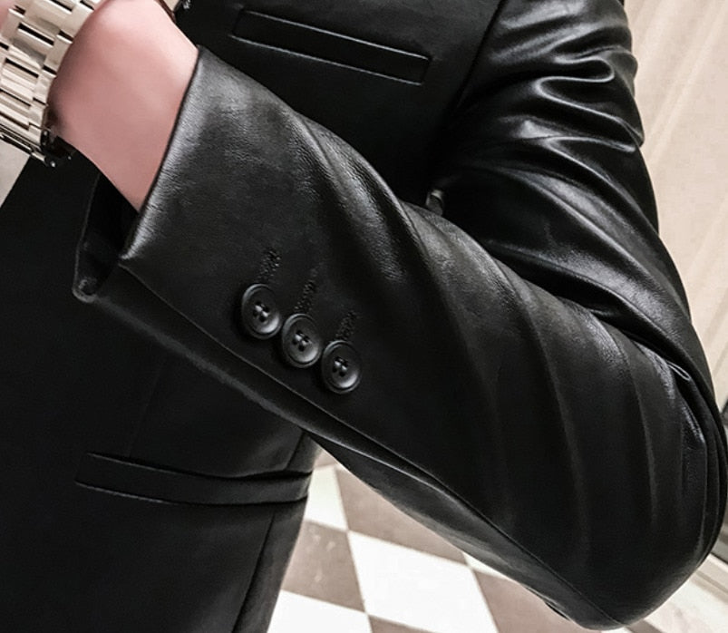 Solid Black Slim Fit Leather Blazer