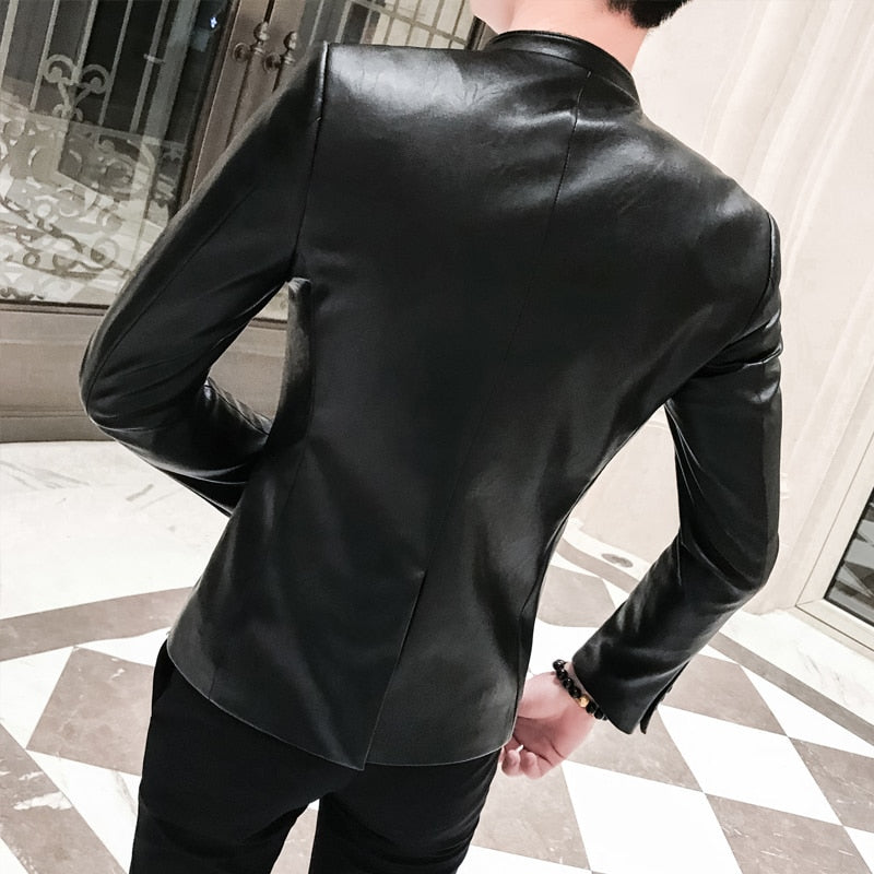 Solid Black Slim Fit Leather Blazer