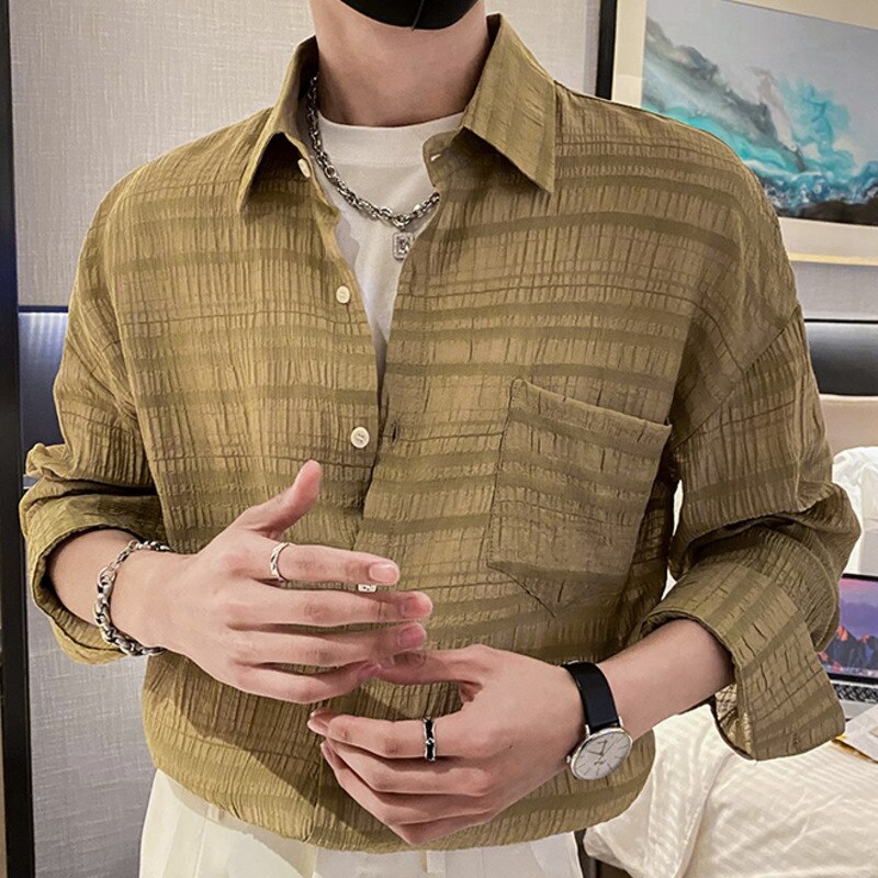 Solid Color Pleated Jacquard Shirt