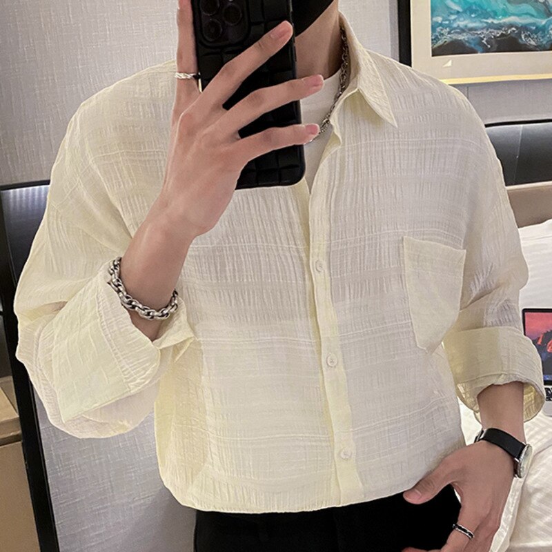Solid Color Pleated Jacquard Shirt