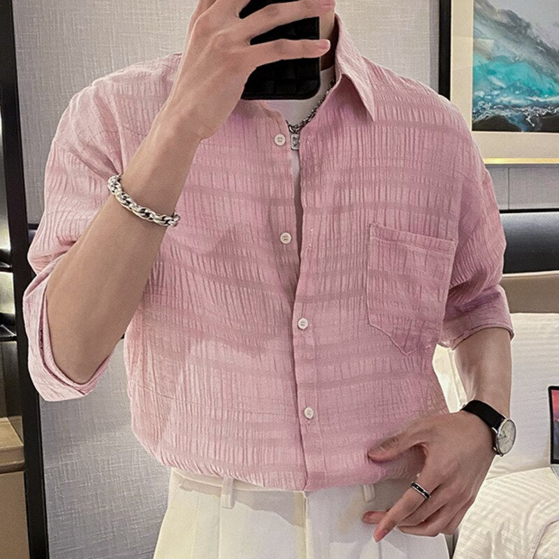 Solid Color Pleated Jacquard Shirt