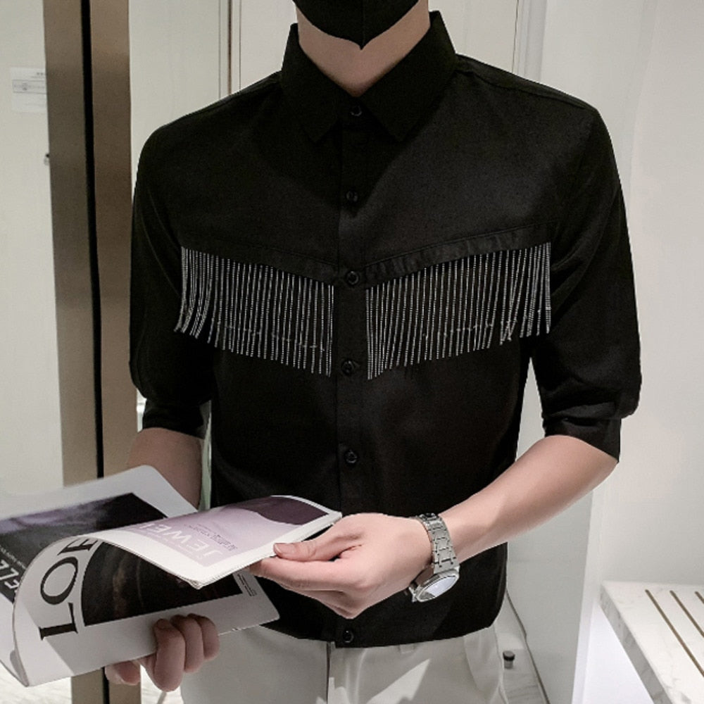 Camisa de algodón de media manga con decoración de cadenas