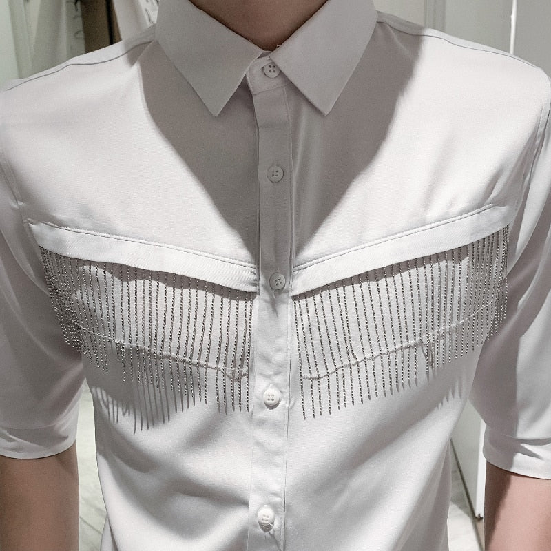 Camisa de algodón de media manga con decoración de cadenas