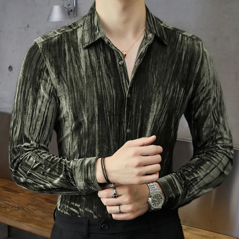 Solid Pleated Slim Fit Long Sleeve Shirt
