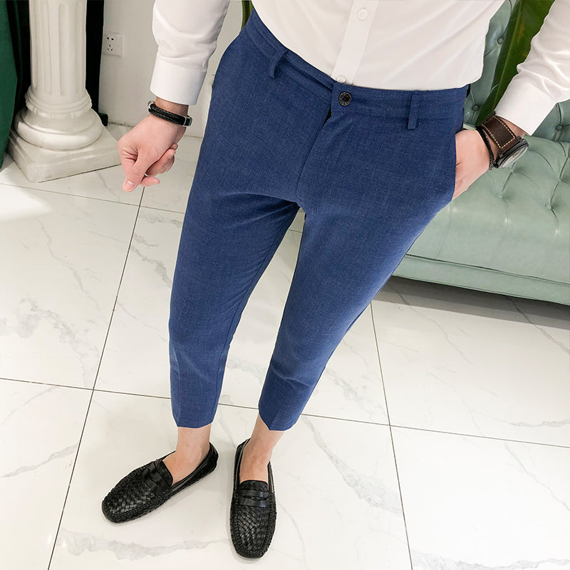 Solid Deep Blue Men Slim Fit Calf-Length Business Trouser Men