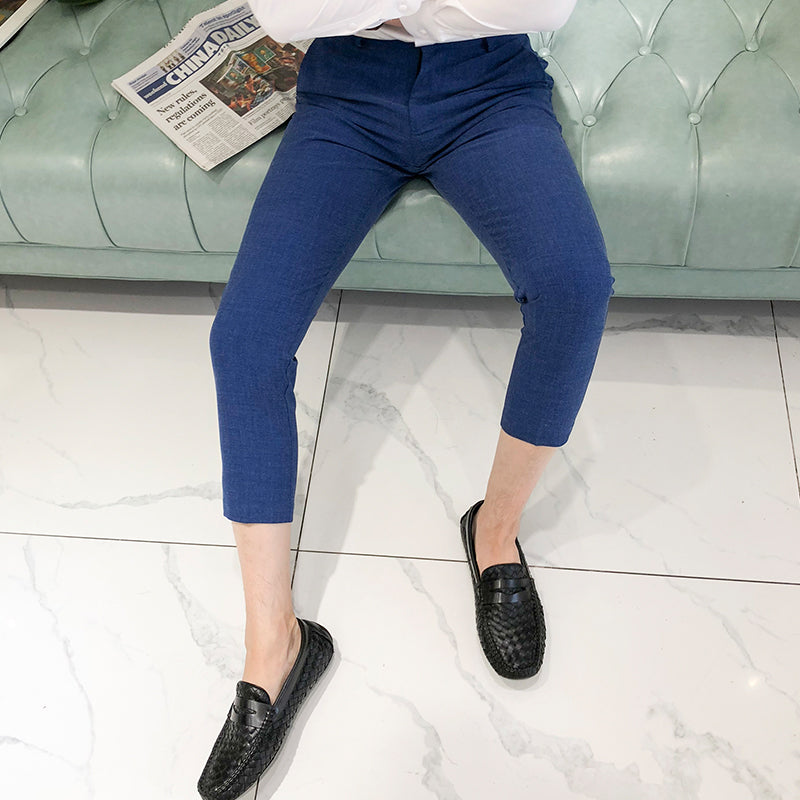 Solid Deep Blue Men Slim Fit Calf-Length Business Trouser Men