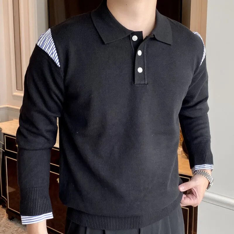 Splicing Contrast Color Knitted Polo Shirt