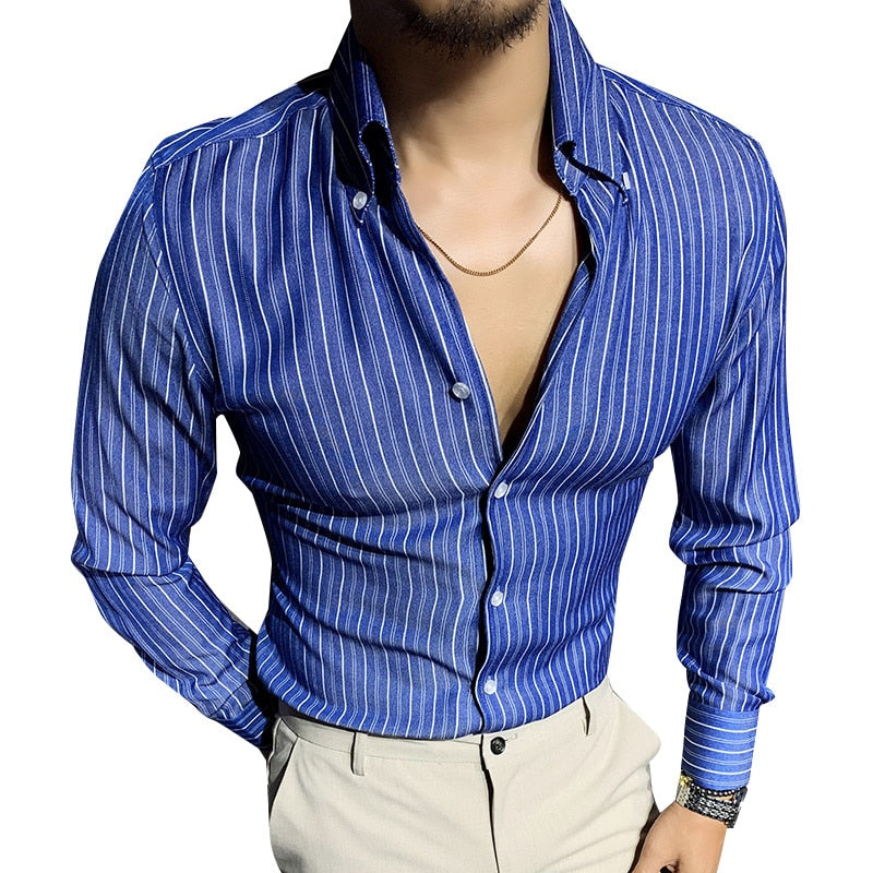 Vertical Stripes Azure Blue V Neck Shirt