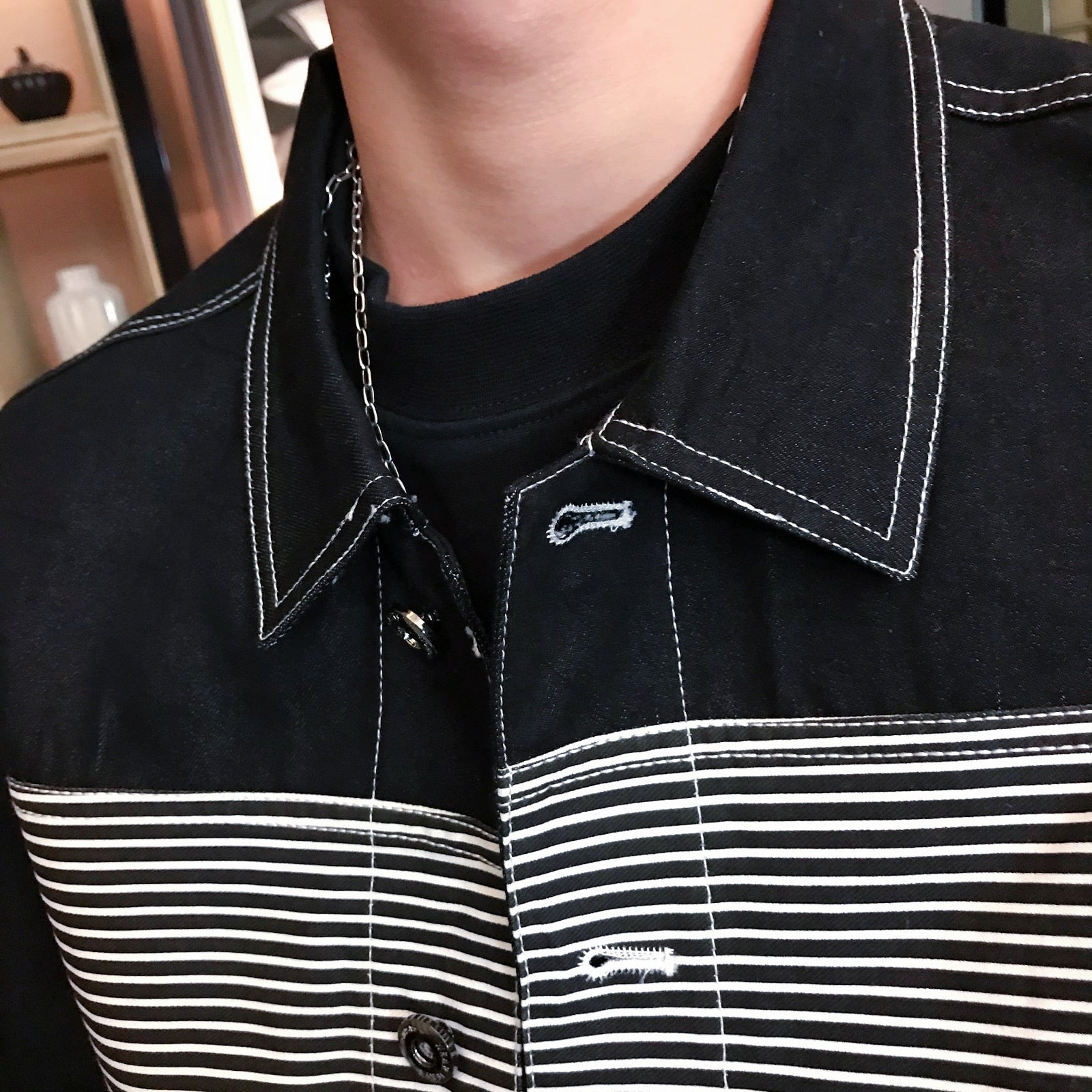 Half Striped Pattern And White Lines Decorated Jacket