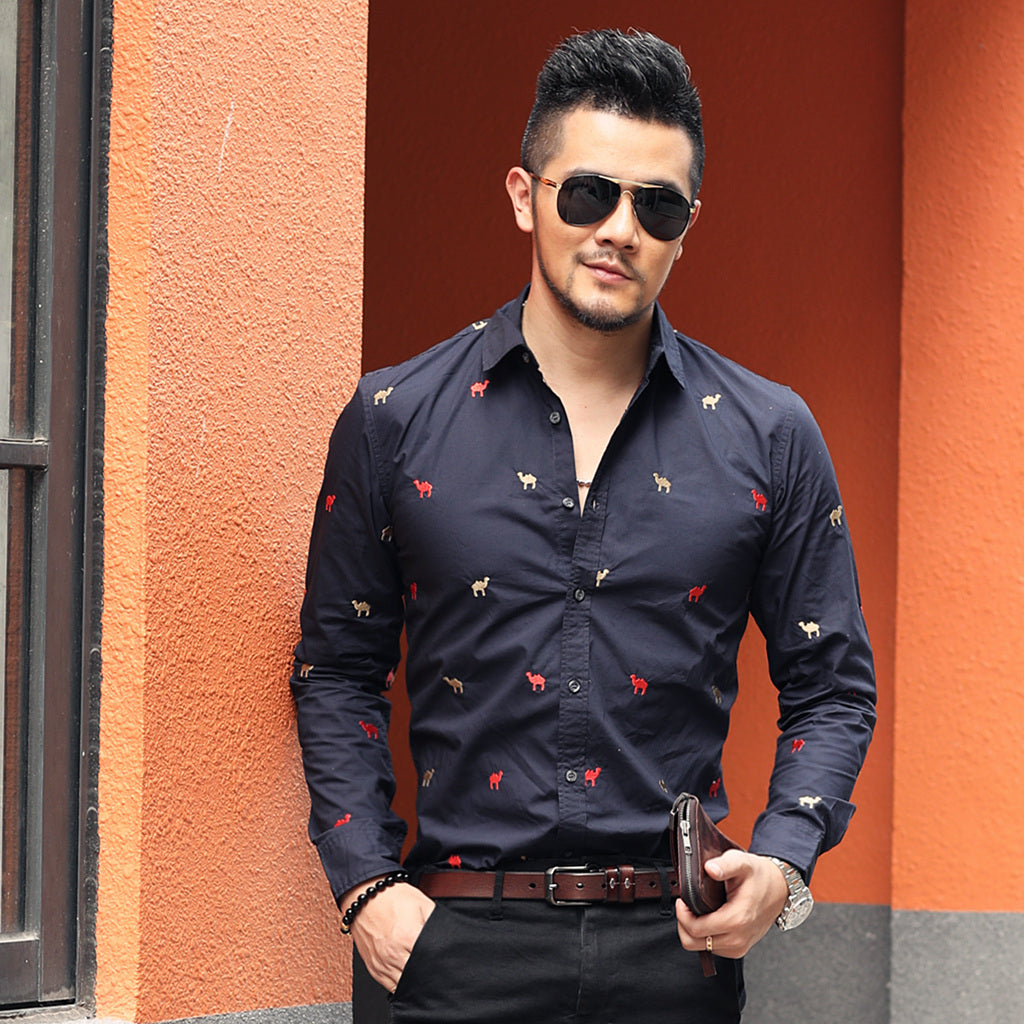 Chemise Homme Camel Broderie Manches Longues Coupe Slim