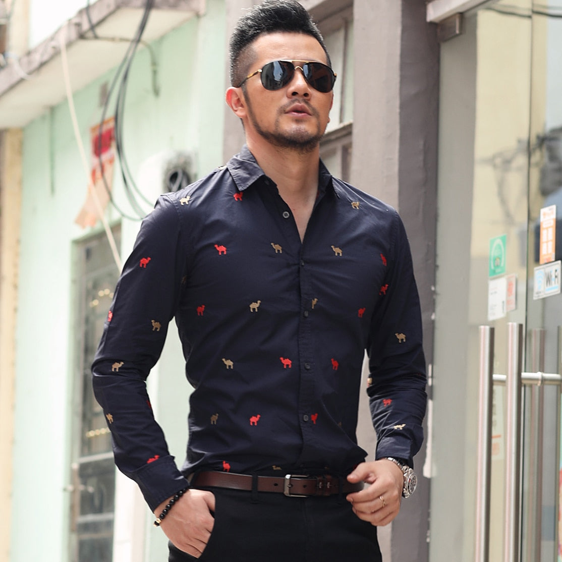 Camel Embroidery Long Sleeve Slim Fit Men Shirt