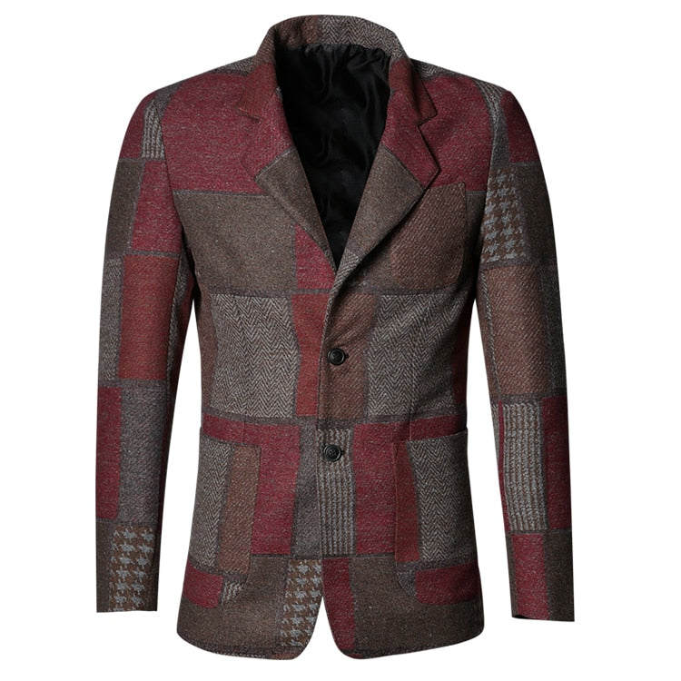 Classic Plaid Patchwork Men Slim Fit Blazer